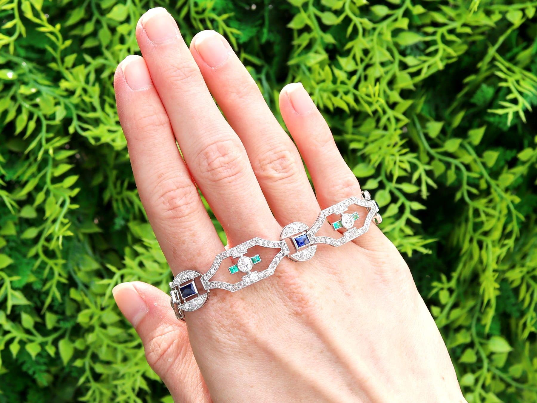 A stunning, fine and impressive rare antique 0.52 carat emerald, 2.00 carat sapphire, 4.46 carat diamond and platinum bracelet; part of our diverse Art Deco jewellery/jewelry collections.

This stunning, fine and impressive Art Deco antique bracelet