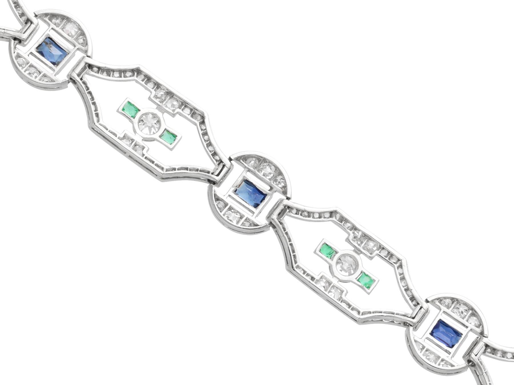 Art Deco 0.52Ct Emerald, 2.00Ct Sapphire, 4.46Ct Diamond and Platinum Bracelet For Sale 1