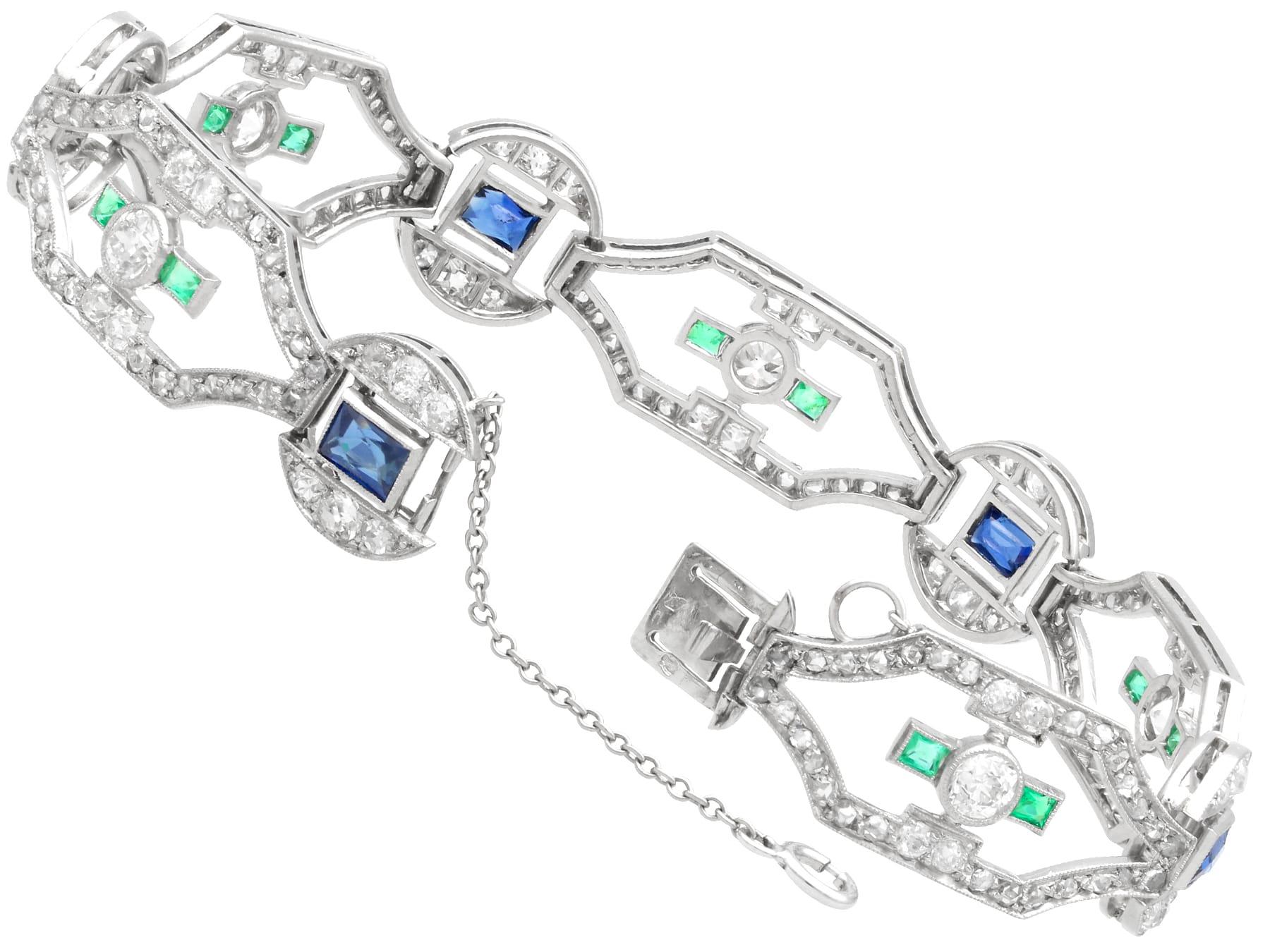 Art Deco 0.52Ct Emerald, 2.00Ct Sapphire, 4.46Ct Diamond and Platinum Bracelet For Sale 2
