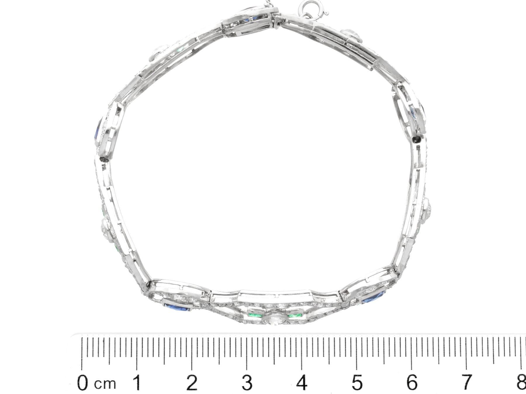 Art Deco 0.52Ct Emerald, 2.00Ct Sapphire, 4.46Ct Diamond and Platinum Bracelet For Sale 3