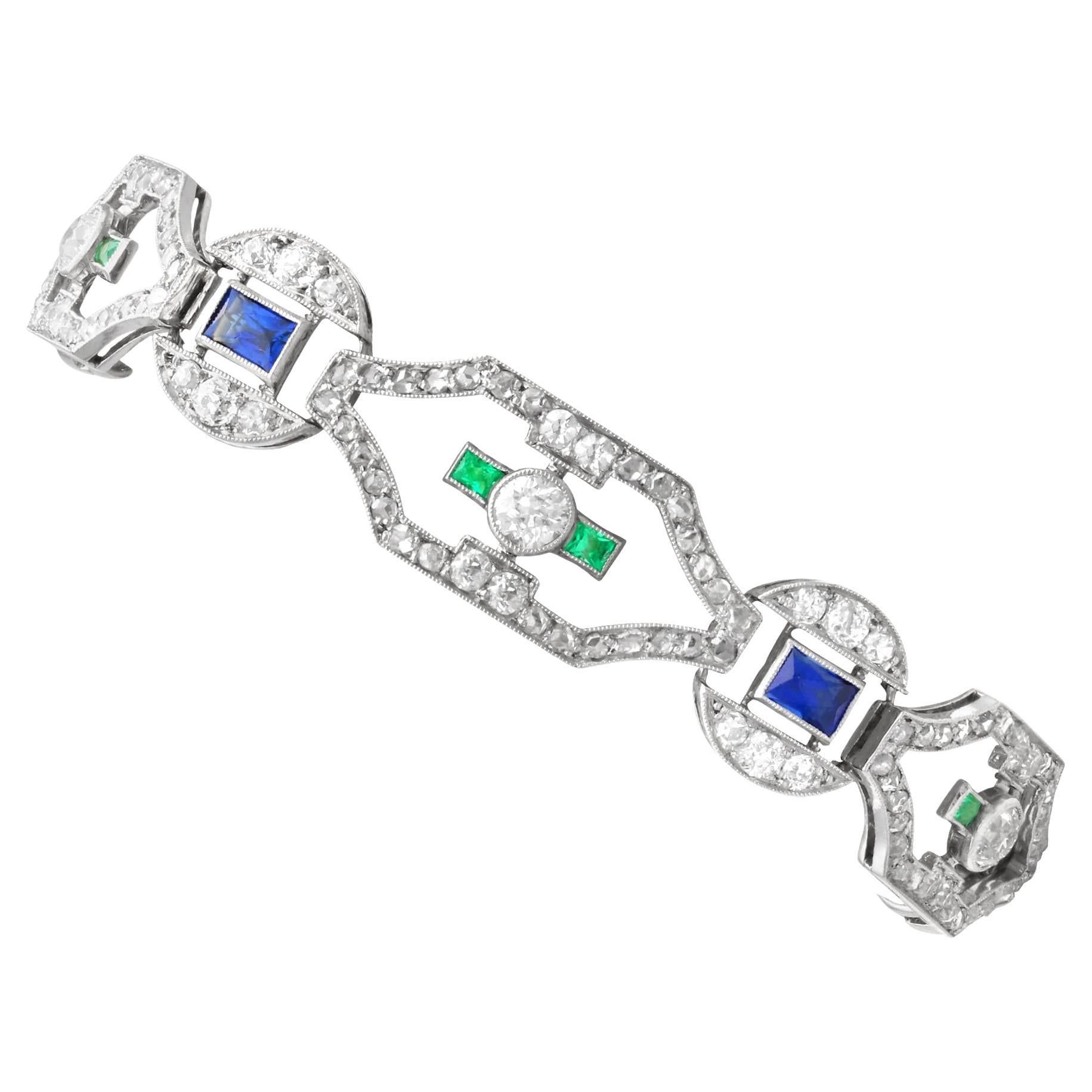Art Deco 0.52Ct Emerald, 2.00Ct Sapphire, 4.46Ct Diamond and Platinum Bracelet For Sale