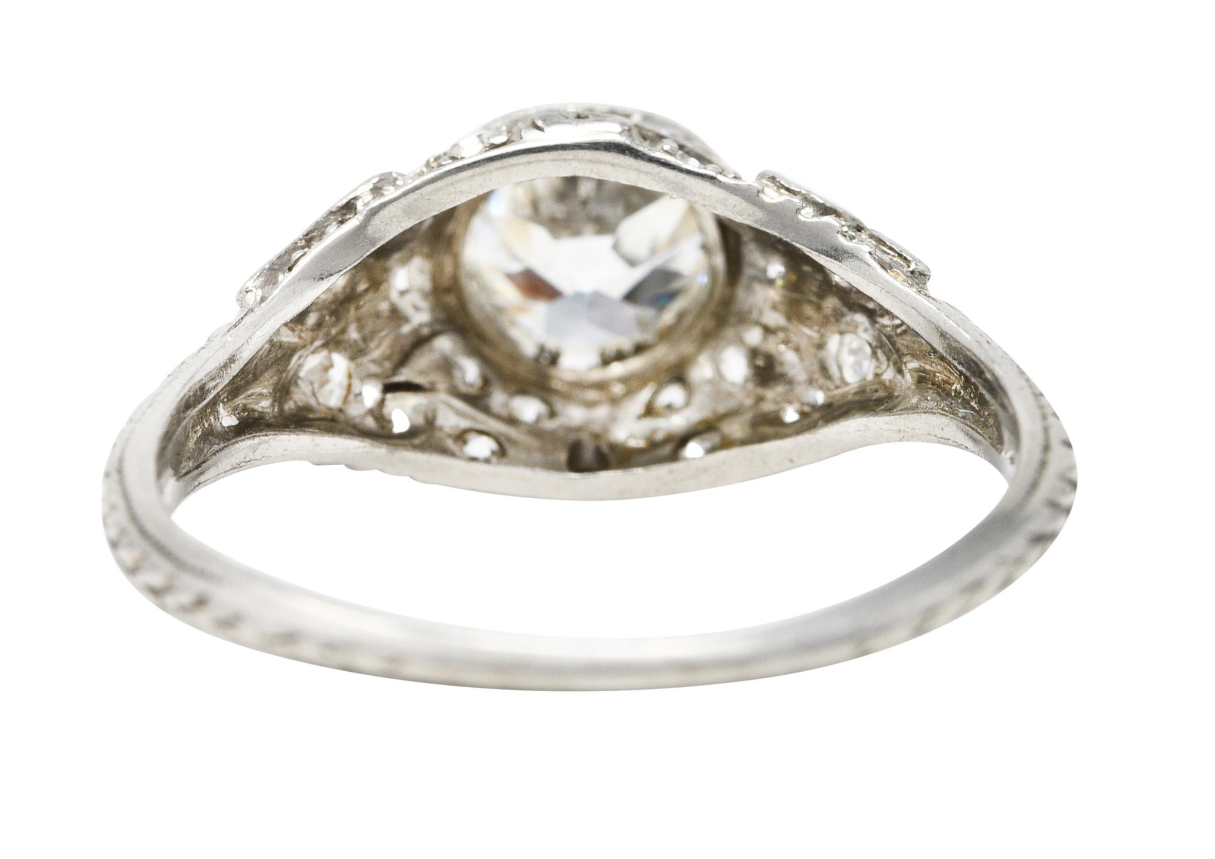 Art Deco 0.53 Carat Old Mine Diamond Platinum Orange Blossom Engagement Ring In Excellent Condition In Philadelphia, PA