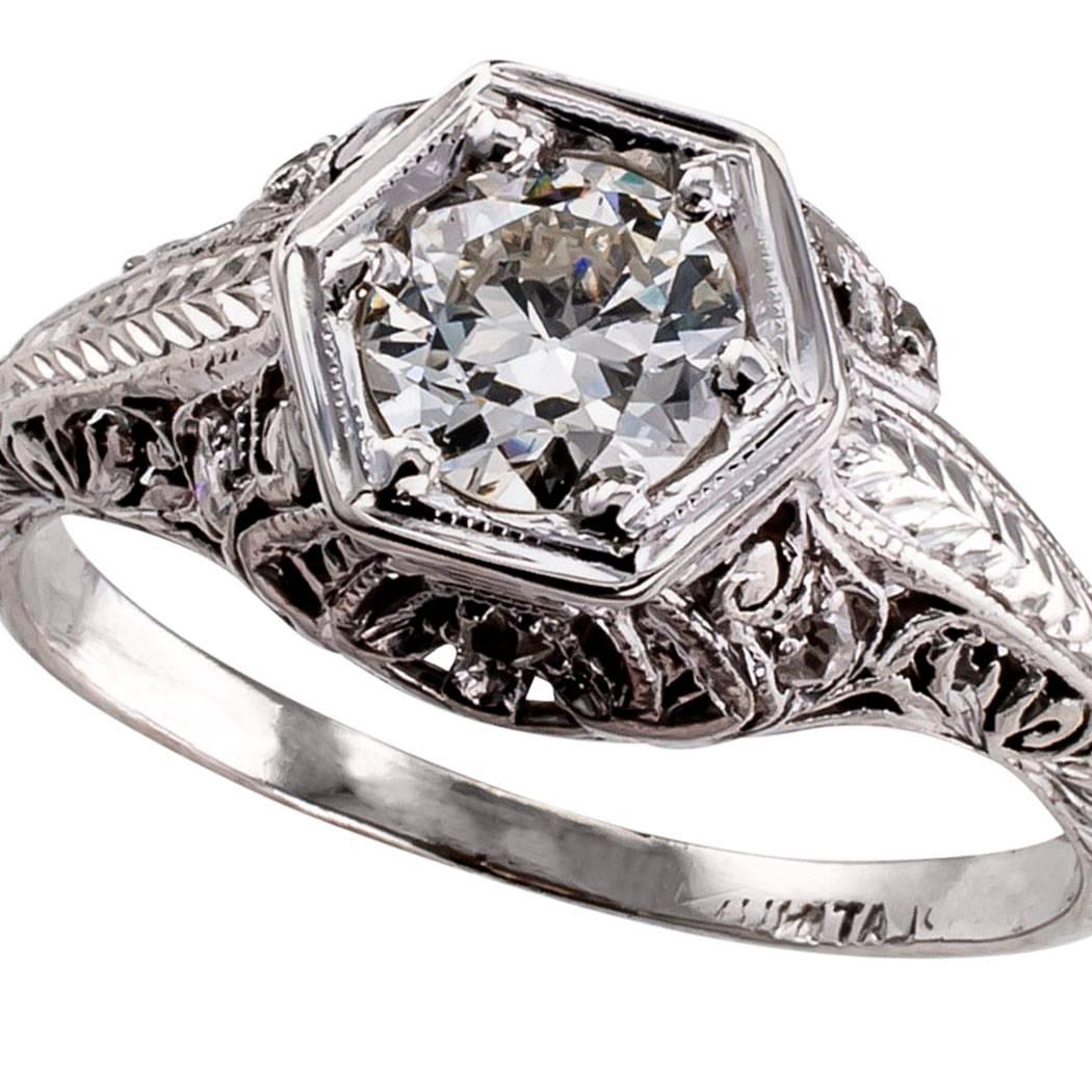 Women's Art Deco 0.55 Carat Diamond Platinum Engagement Ring