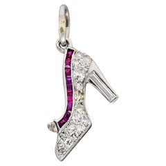 Art Deco 0.55 Carat Diamond Ruby Platinum Heeled Shoe Charm