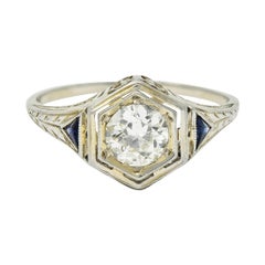 Vintage Art Deco 0.55 Carat Diamond Sapphire 18 Karat White Gold Hexagonal Ring