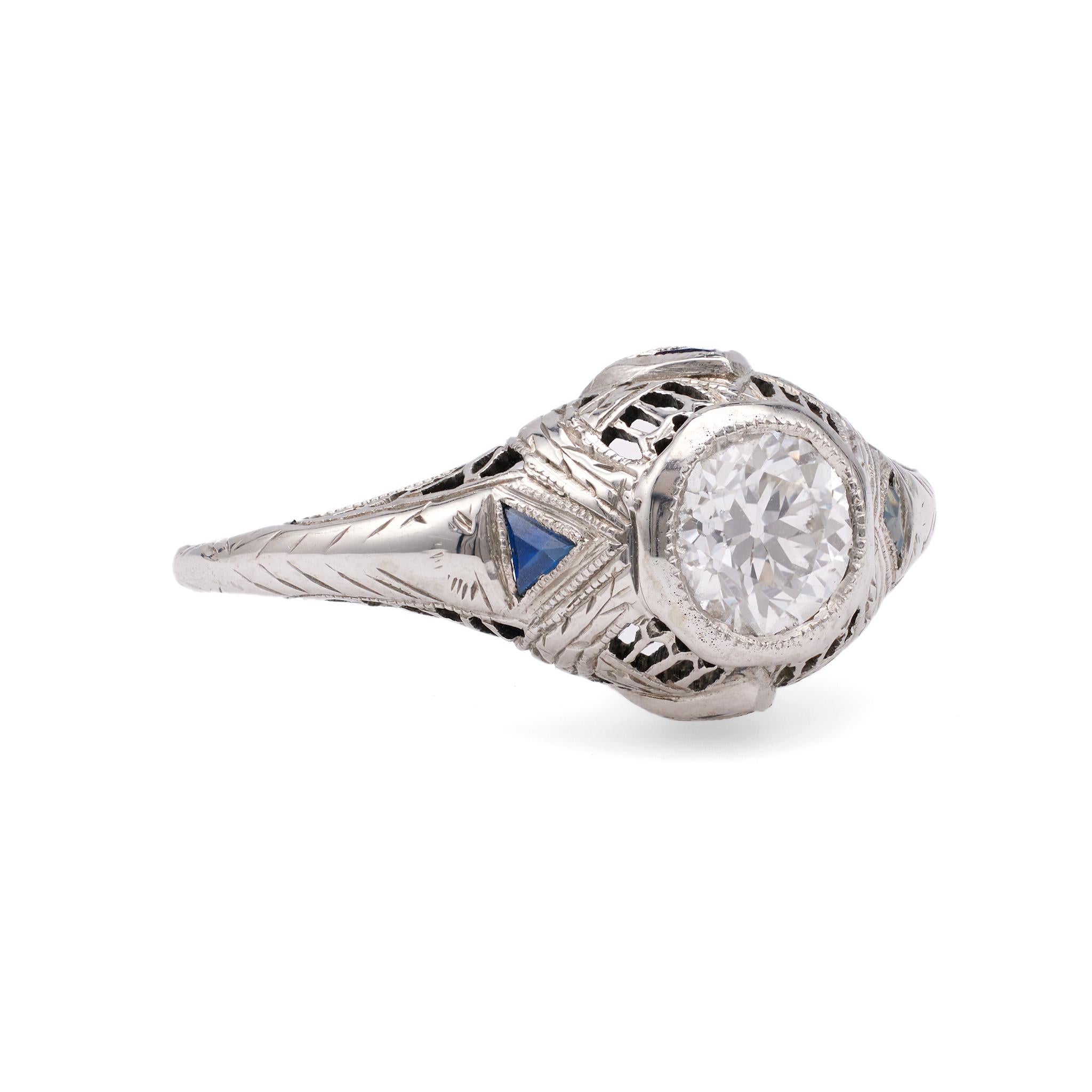 Women's or Men's Art Deco 0.55 Carat Old European Cut Diamond 18k White Gold Filigree Ring For Sale