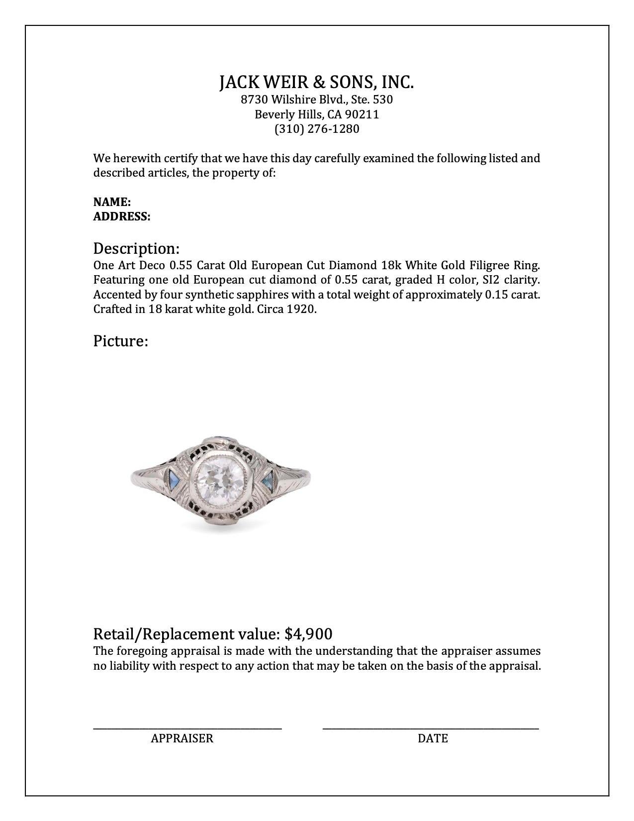 Bague filigrane Art déco en or blanc 18 carats avec diamant taille européenne ancienne de 0,55 carat Unisexe en vente
