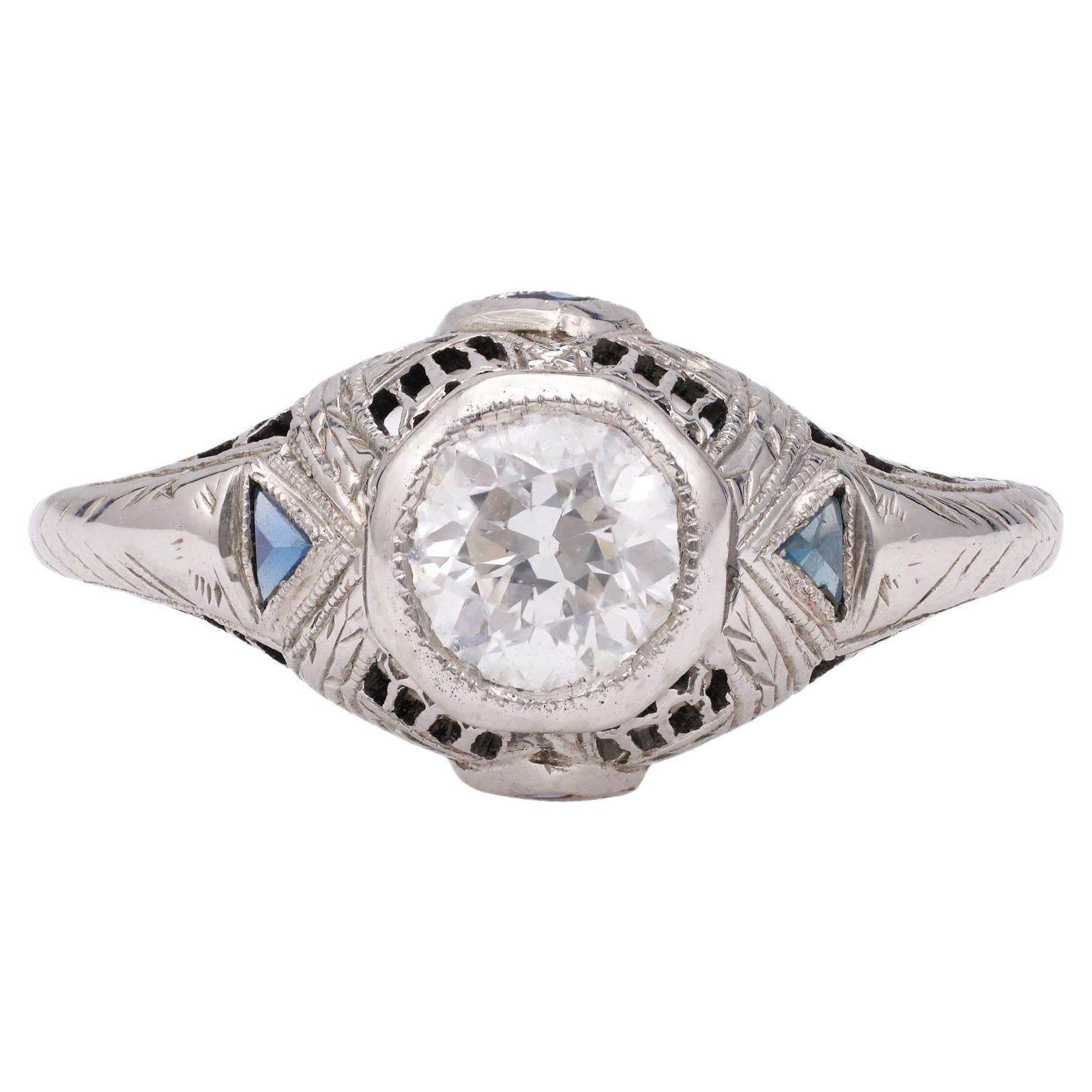 Art Deco 0.55 Carat Old European Cut Diamond 18k White Gold Filigree Ring For Sale