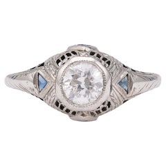 Antique Art Deco 0.55 Carat Old European Cut Diamond 18k White Gold Filigree Ring