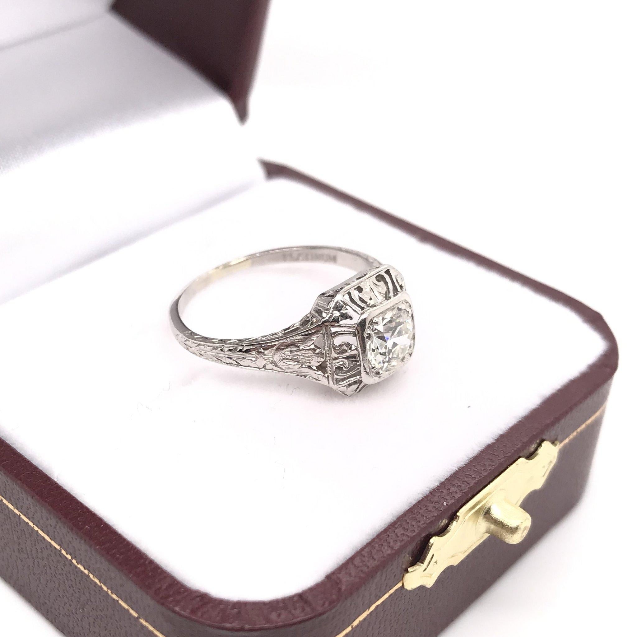 Art Deco 0.55 Carat Platinum Diamond Filigree Ring 2