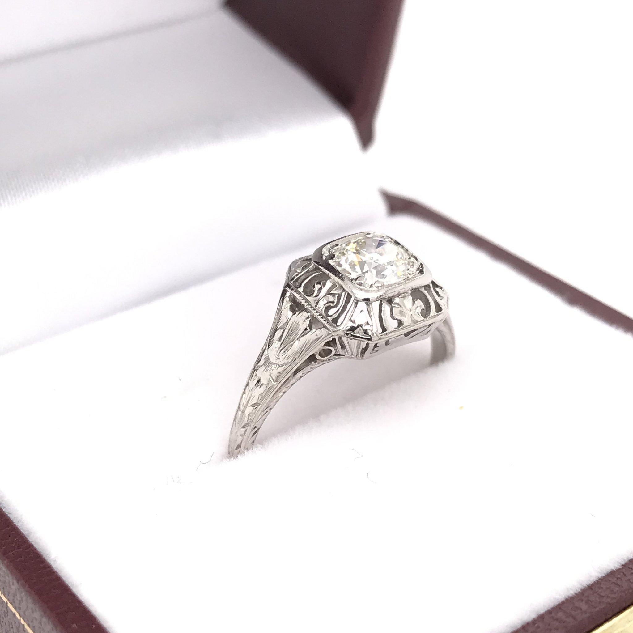 Old European Cut Art Deco 0.55 Carat Platinum Diamond Filigree Ring