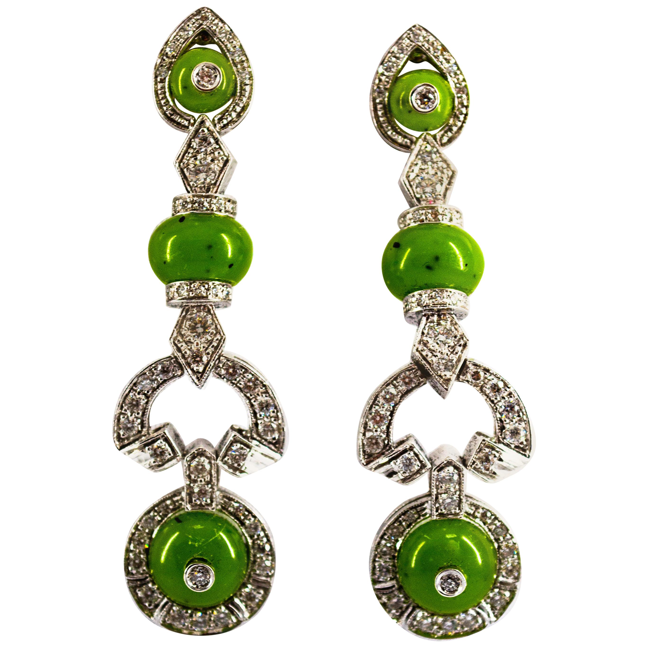 Art Deco Style 0.55 Carat White Diamond Jade White Gold Stud Drop Earrings