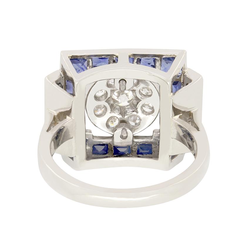 Art-Déco-Cluster-Ring mit 0,55 Karat Diamant und Saphir, ca. 1920er Jahre (Alteuropäischer Brillantschliff) im Angebot
