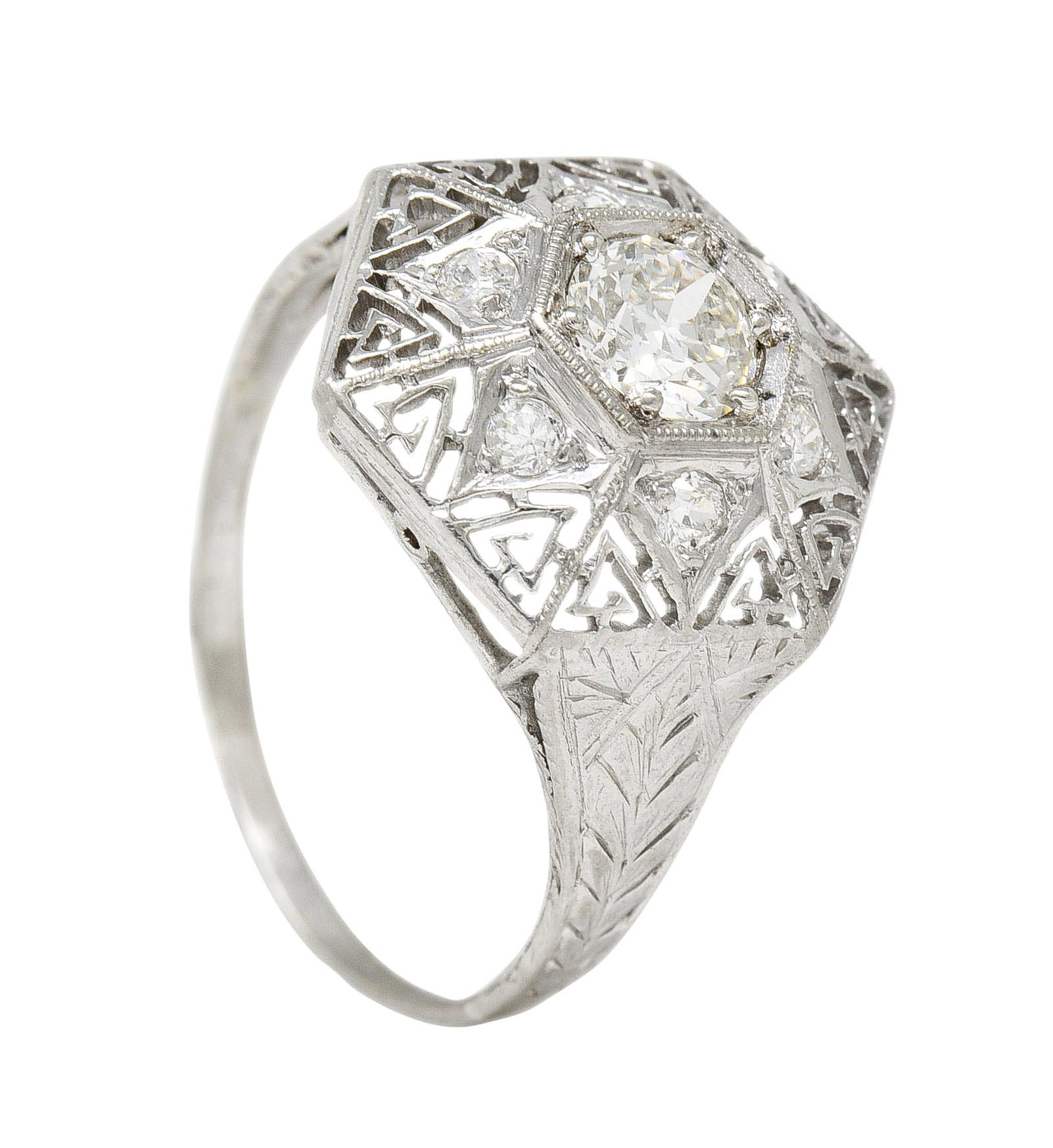 Art Deco 0.56 CTW Diamond Platinum Hexagonal Greek Key Vintage Dinner Ring For Sale 5