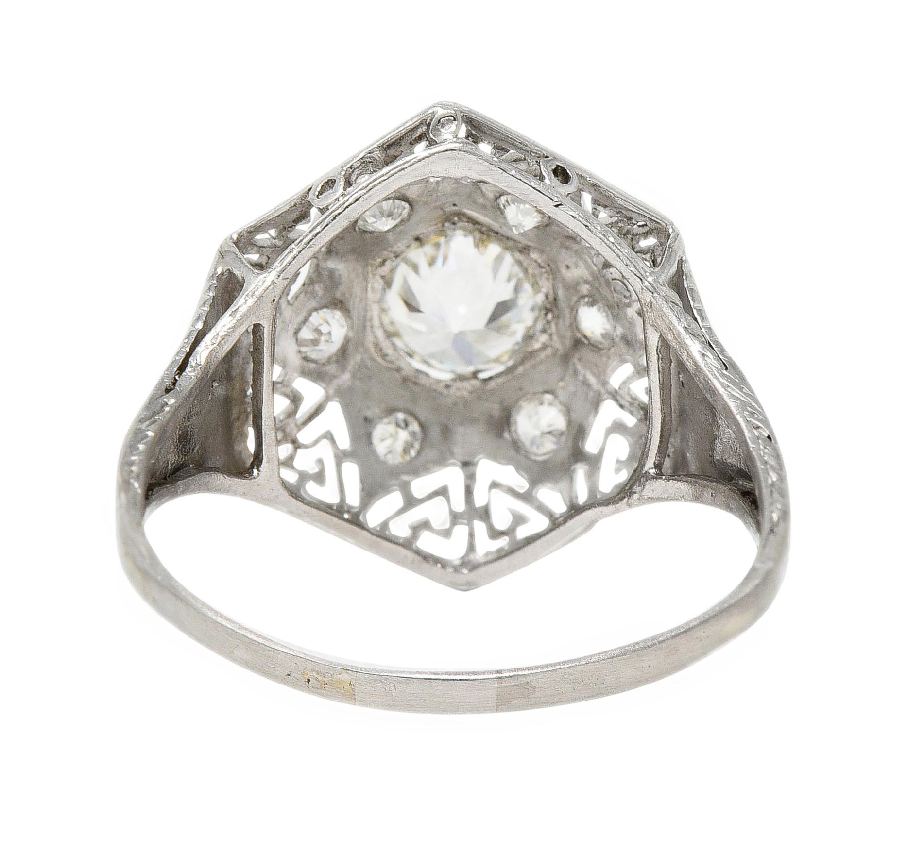 Art Deco 0.56 CTW Diamond Platinum Hexagonal Greek Key Vintage Dinner Ring In Excellent Condition For Sale In Philadelphia, PA