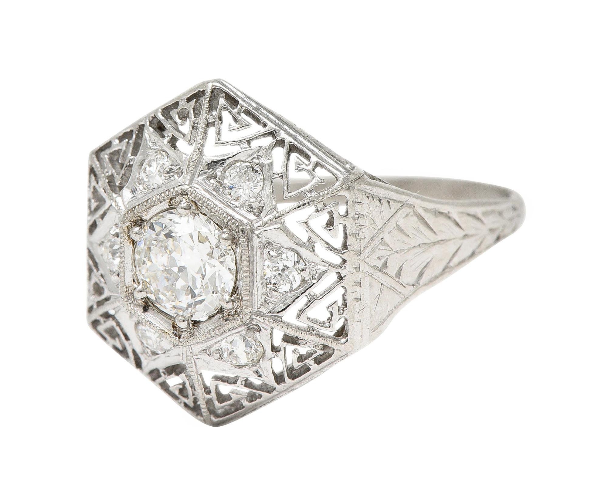 Art Deco 0.56 CTW Diamond Platinum Hexagonal Greek Key Vintage Dinner Ring For Sale 1