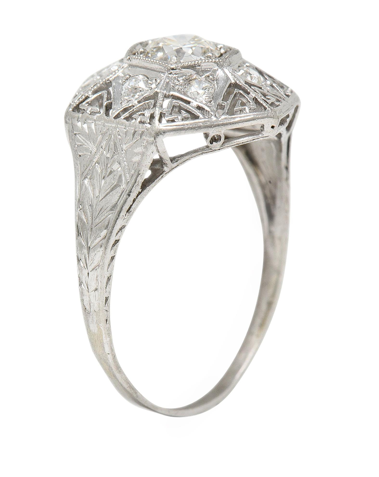 Art Deco 0.56 CTW Diamond Platinum Hexagonal Greek Key Vintage Dinner Ring For Sale 3
