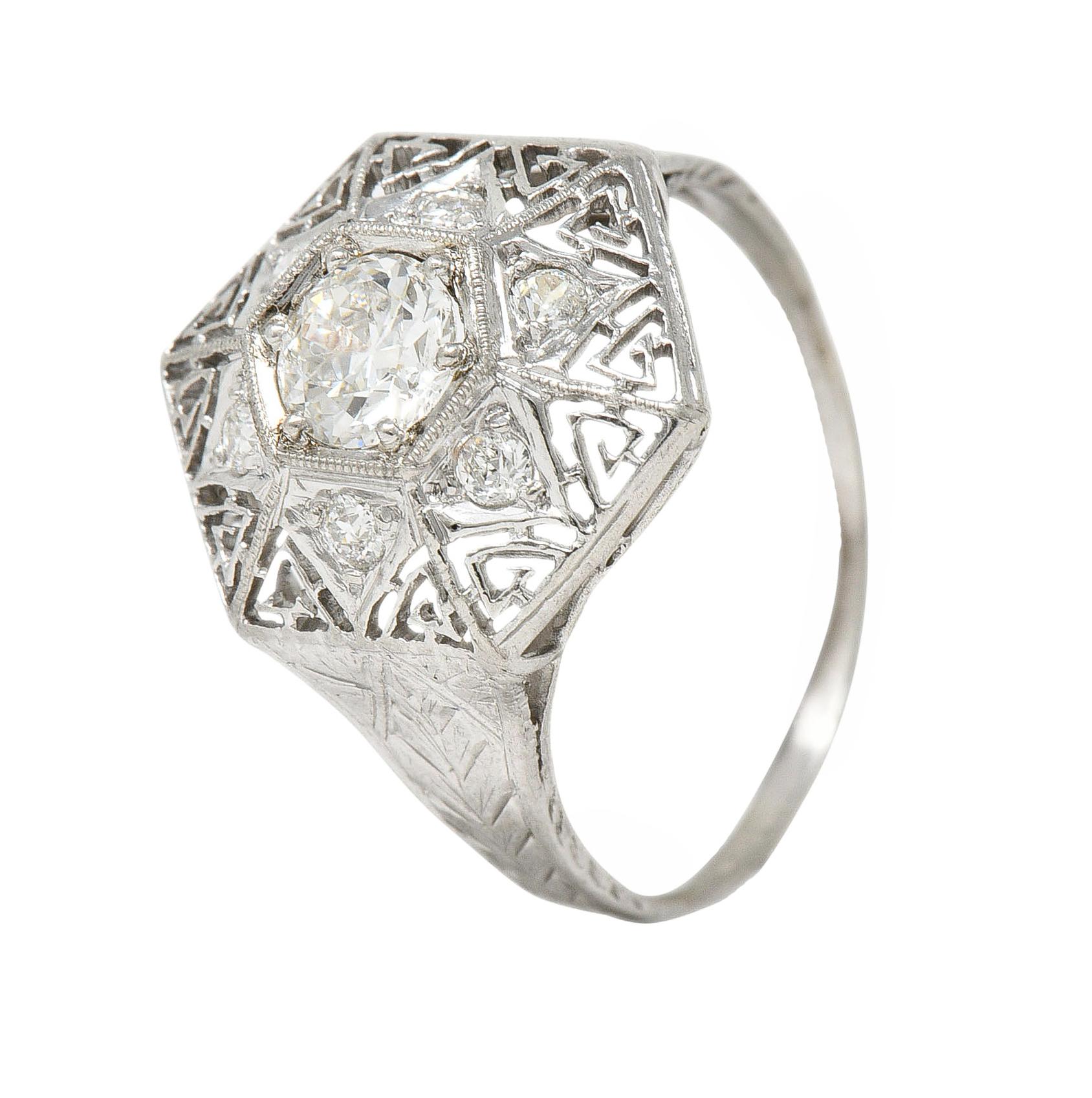Art Deco 0.56 CTW Diamond Platinum Hexagonal Greek Key Vintage Dinner Ring For Sale 4