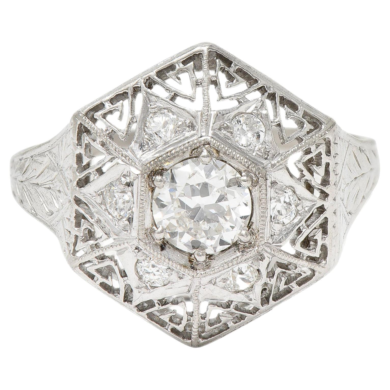 Art Deco 0.56 CTW Diamond Platinum Hexagonal Greek Key Vintage Dinner Ring For Sale