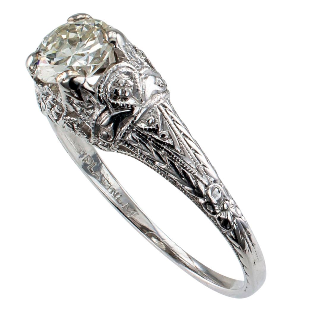 Round Cut Art Deco 0.57 Carat Diamond Solitaire Platinum Engagement Ring