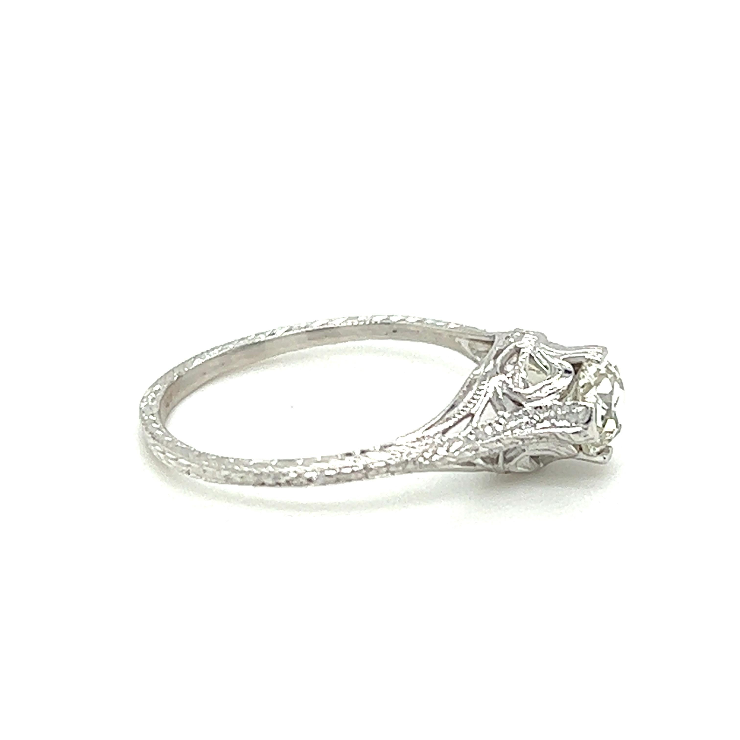 Art Deco 0.57 Ct Antique Cushion Cut Diamond Engagement Ring in 18k White Gold In Good Condition For Sale In Towson, MD