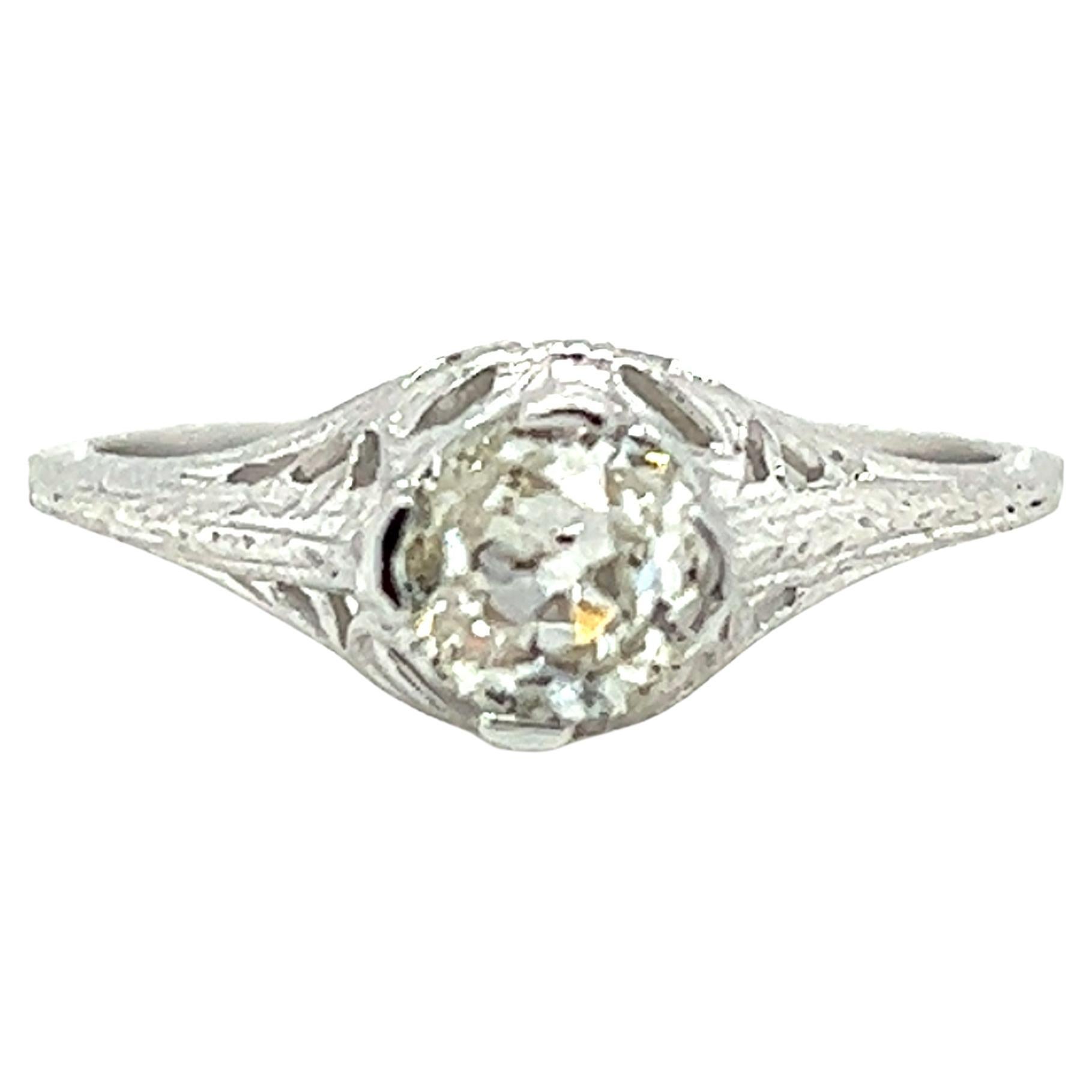 Art Deco 0.57 Ct Antique Cushion Cut Diamond Engagement Ring in 18k White Gold For Sale