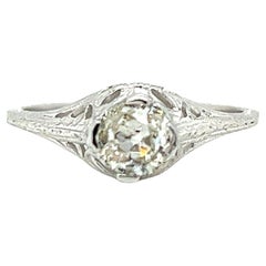Art Deco 0.57 Ct Antique Cushion Cut Diamond Engagement Ring in 18k White Gold
