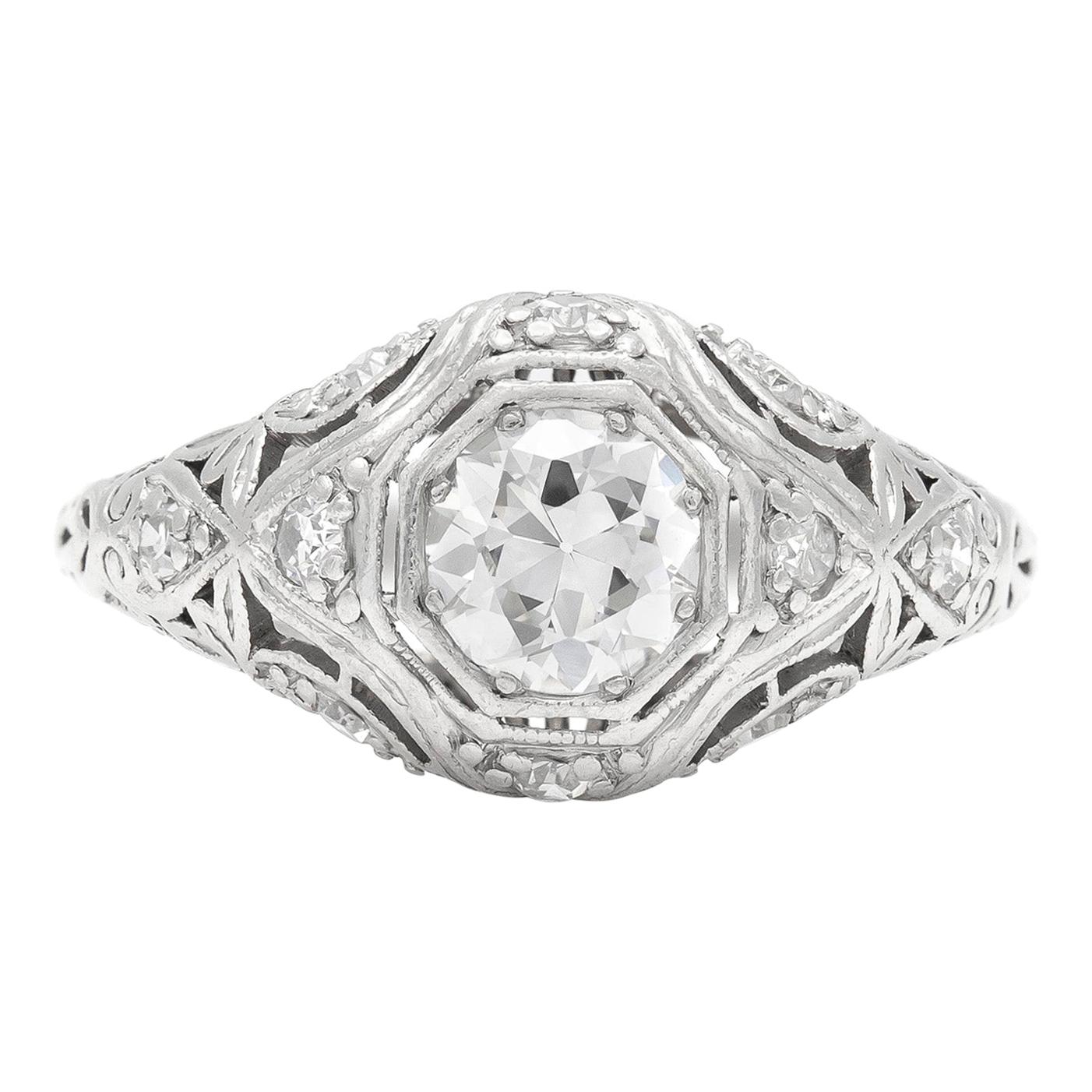 Art Deco 0.58 Carat Old European Cut Diamond Ring For Sale