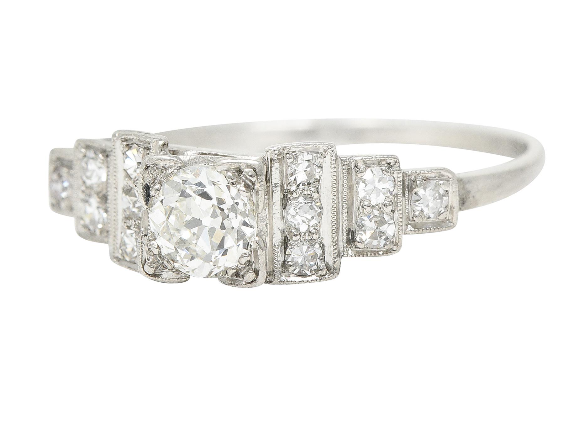 Women's or Men's Art Deco 0.58 Carats Old European Diamond Platinum Stepped Engagement Ring