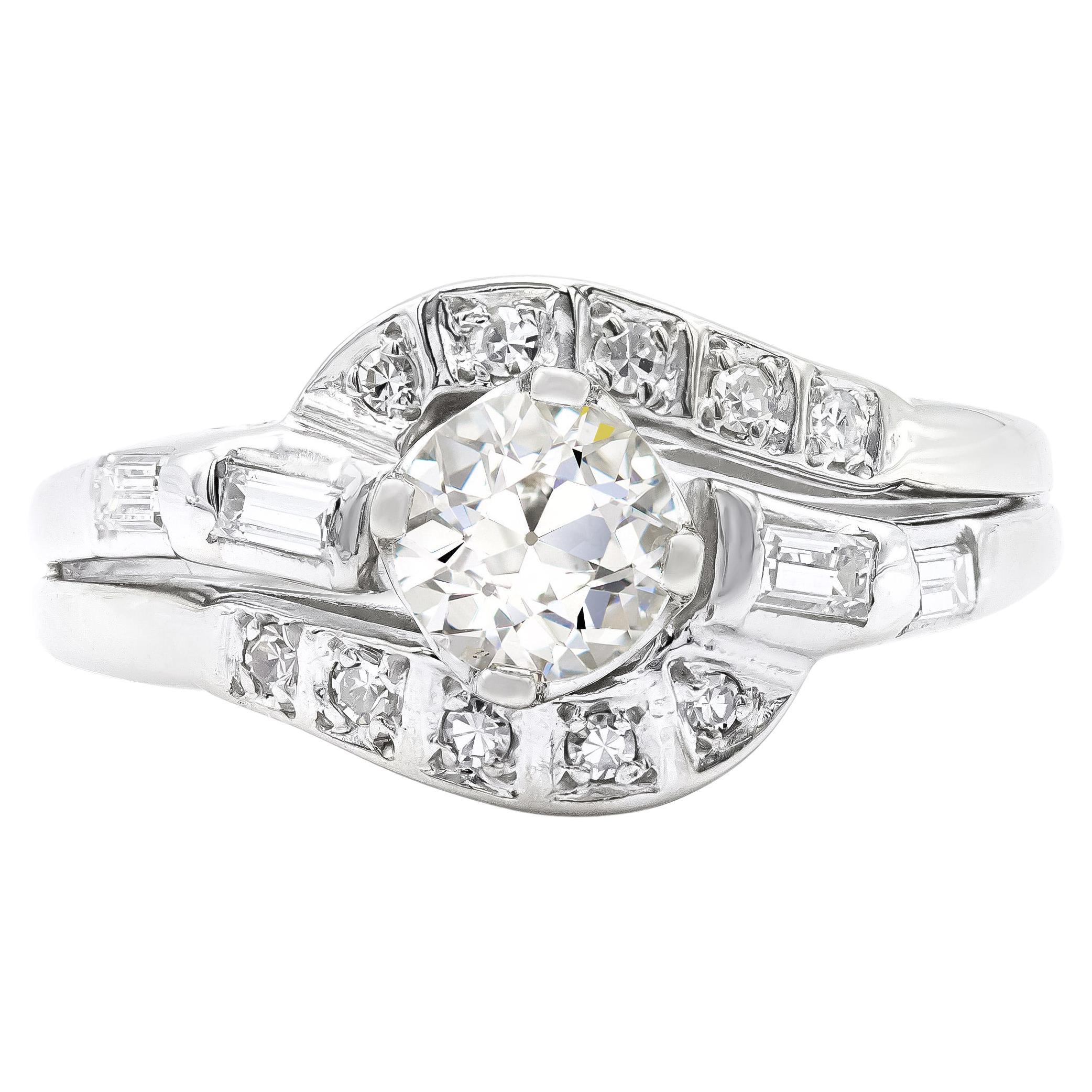 Art Deco 0.58 Ct. Old European Cut Diamond Engagement Ring H SI1 in Platinum For Sale