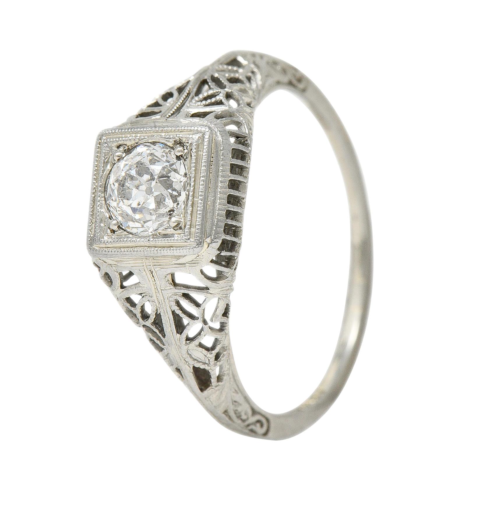 Art Deco 0.58 CTW Diamond 18 Karat White Gold Floral Vintage Engagement Ring For Sale 5
