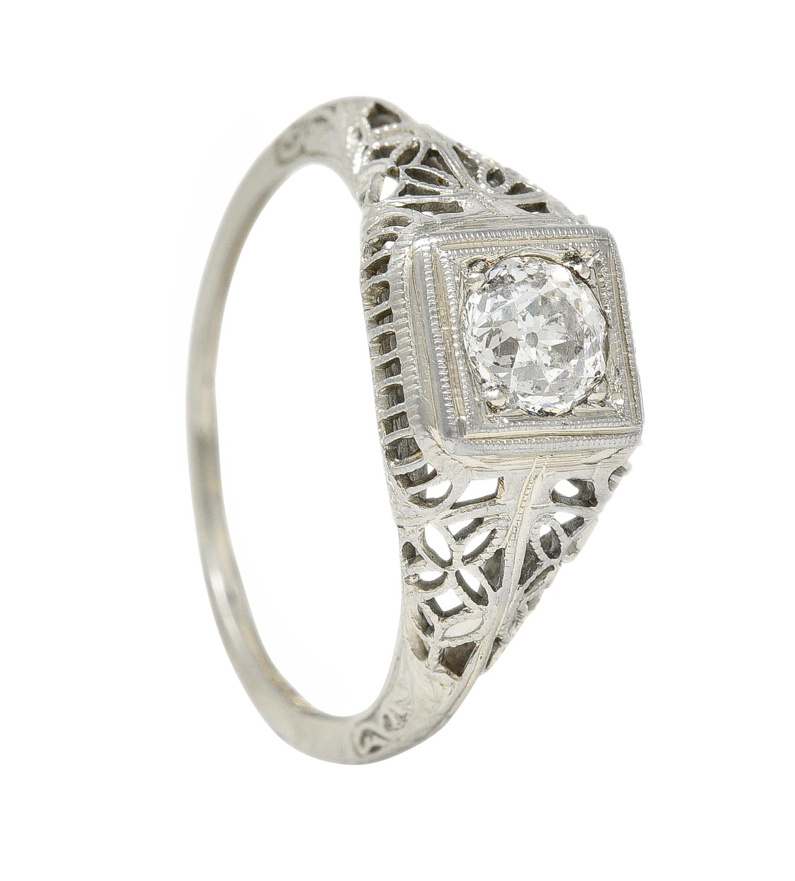 Art Deco 0.58 CTW Diamond 18 Karat White Gold Floral Vintage Engagement Ring For Sale 6