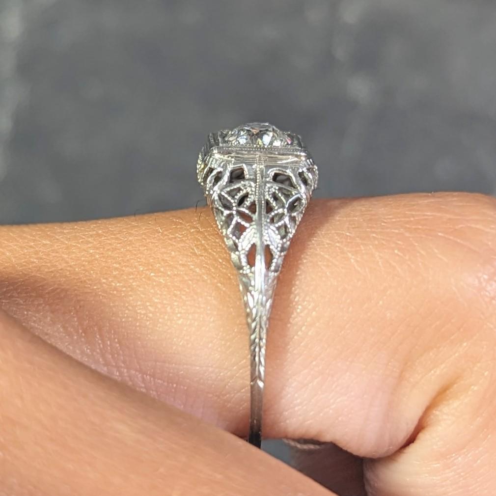 Art Deco 0.58 CTW Diamond 18 Karat White Gold Floral Vintage Engagement Ring For Sale 9