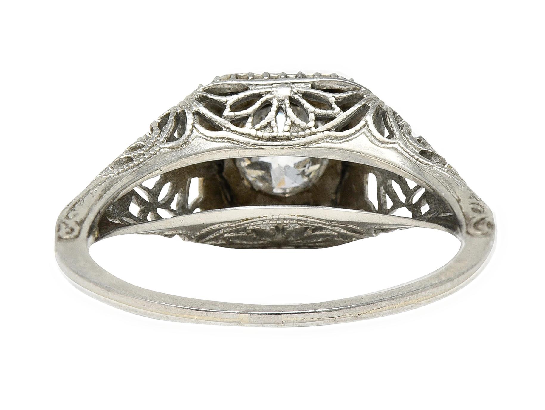 Art Deco 0.58 CTW Diamond 18 Karat White Gold Floral Vintage Engagement Ring In Excellent Condition For Sale In Philadelphia, PA