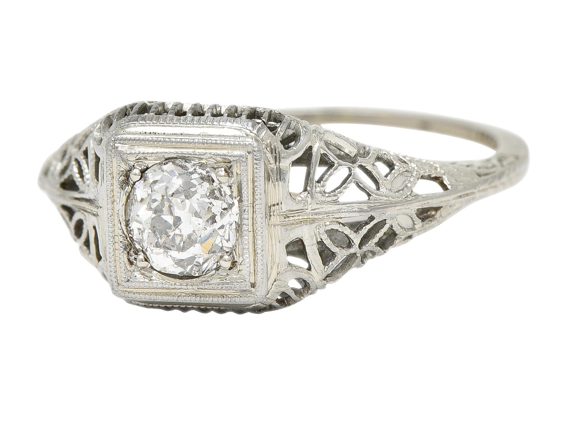 Art Deco 0.58 CTW Diamond 18 Karat White Gold Floral Vintage Engagement Ring For Sale 1