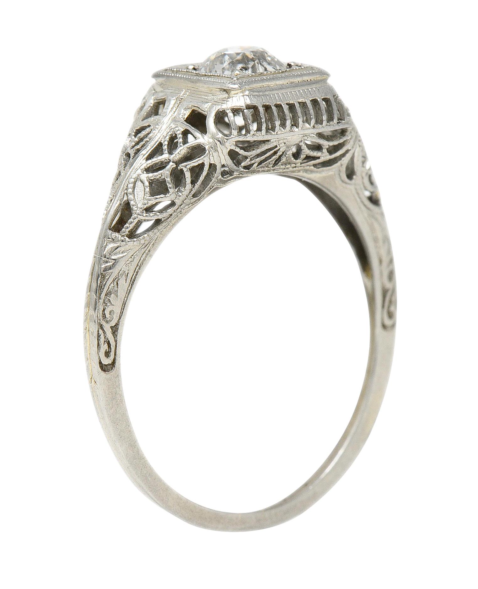 Art Deco 0.58 CTW Diamond 18 Karat White Gold Floral Vintage Engagement Ring For Sale 2