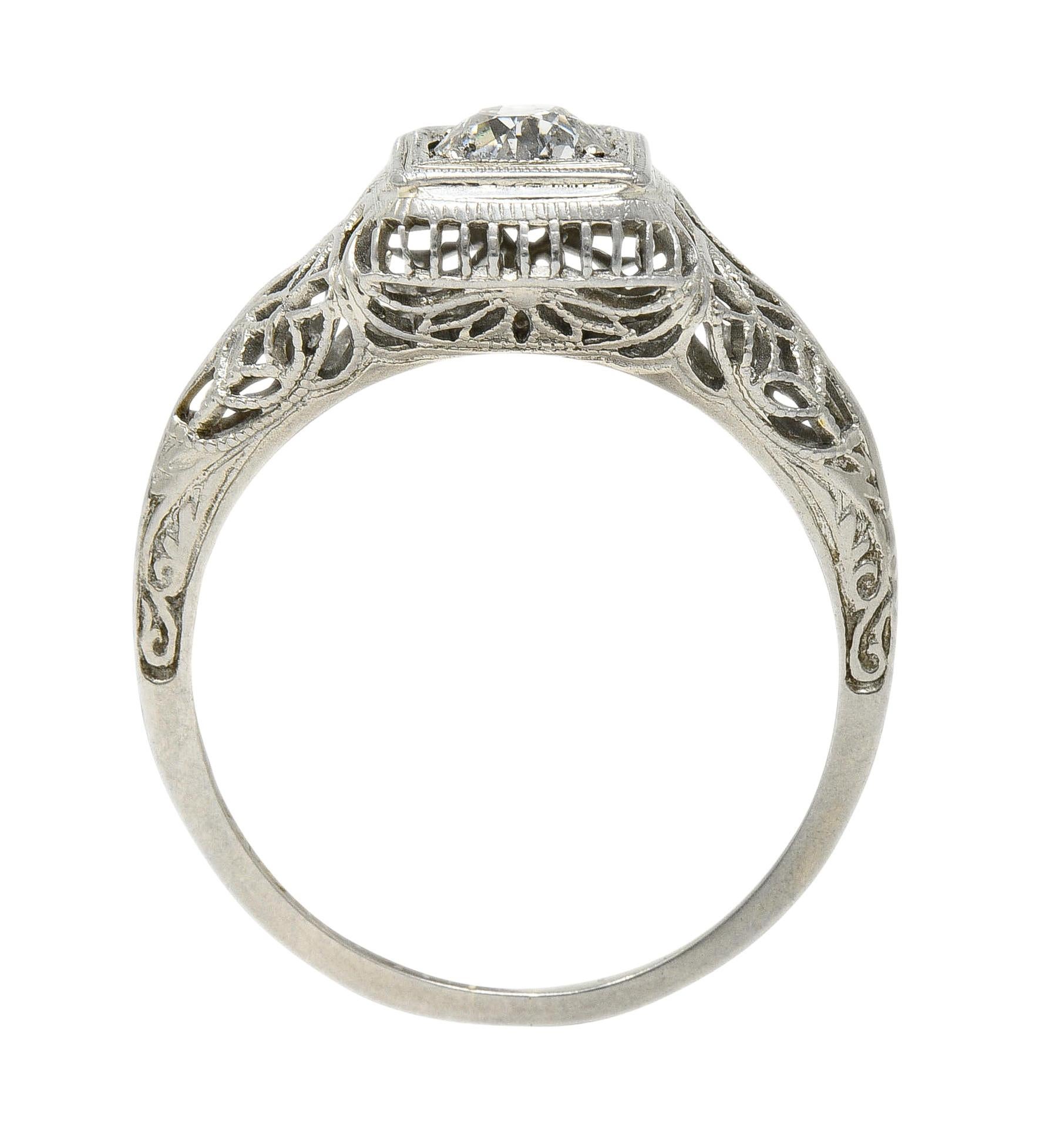 Art Deco 0.58 CTW Diamond 18 Karat White Gold Floral Vintage Engagement Ring For Sale 3