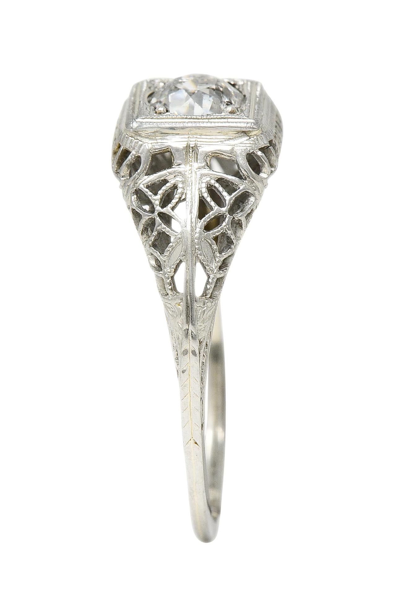 Art Deco 0.58 CTW Diamond 18 Karat White Gold Floral Vintage Engagement Ring For Sale 4