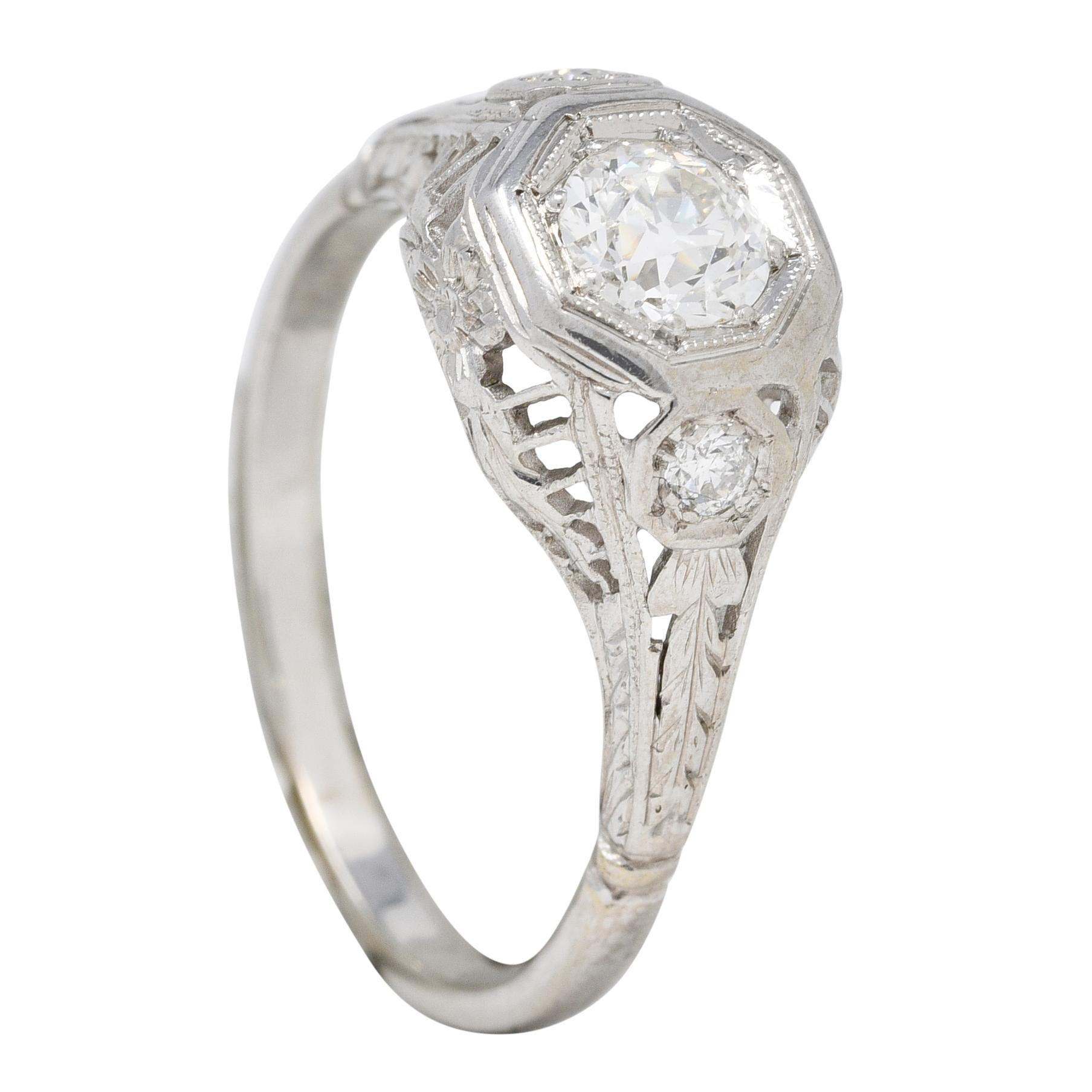 Art Deco 0.58 CTW Diamond 18 Karat White Gold Orange Blossom Engagement Ring For Sale 4