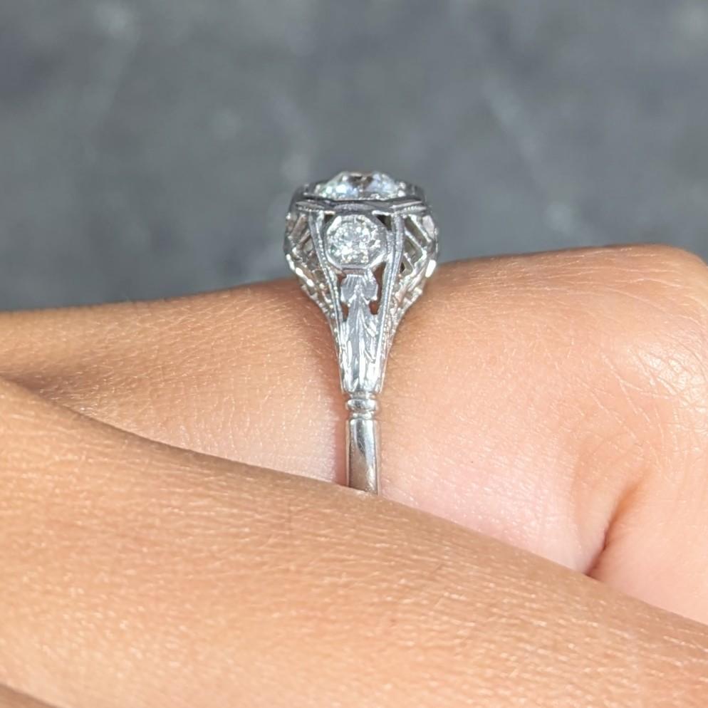 Art Deco 0.58 CTW Diamond 18 Karat White Gold Orange Blossom Engagement Ring For Sale 6