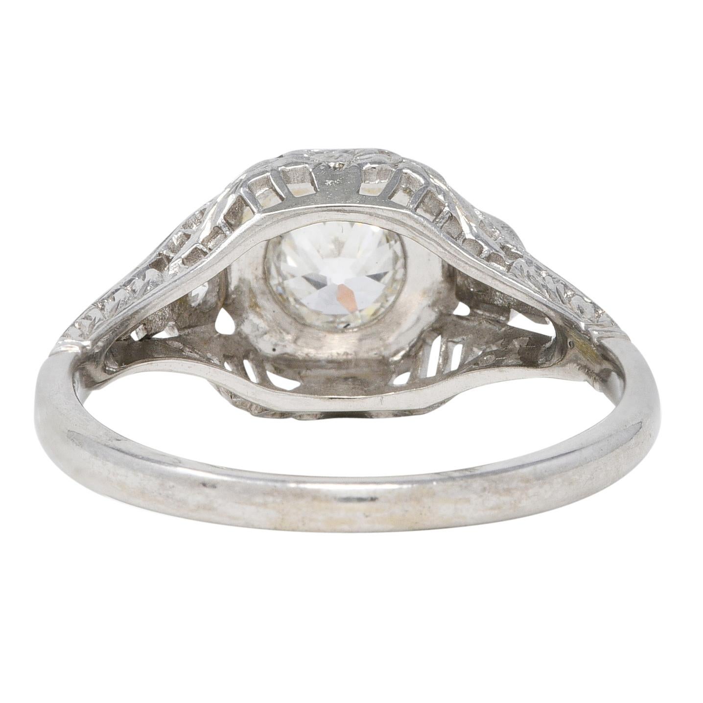 Art Deco 0.58 CTW Diamond 18 Karat White Gold Orange Blossom Engagement Ring In Excellent Condition For Sale In Philadelphia, PA