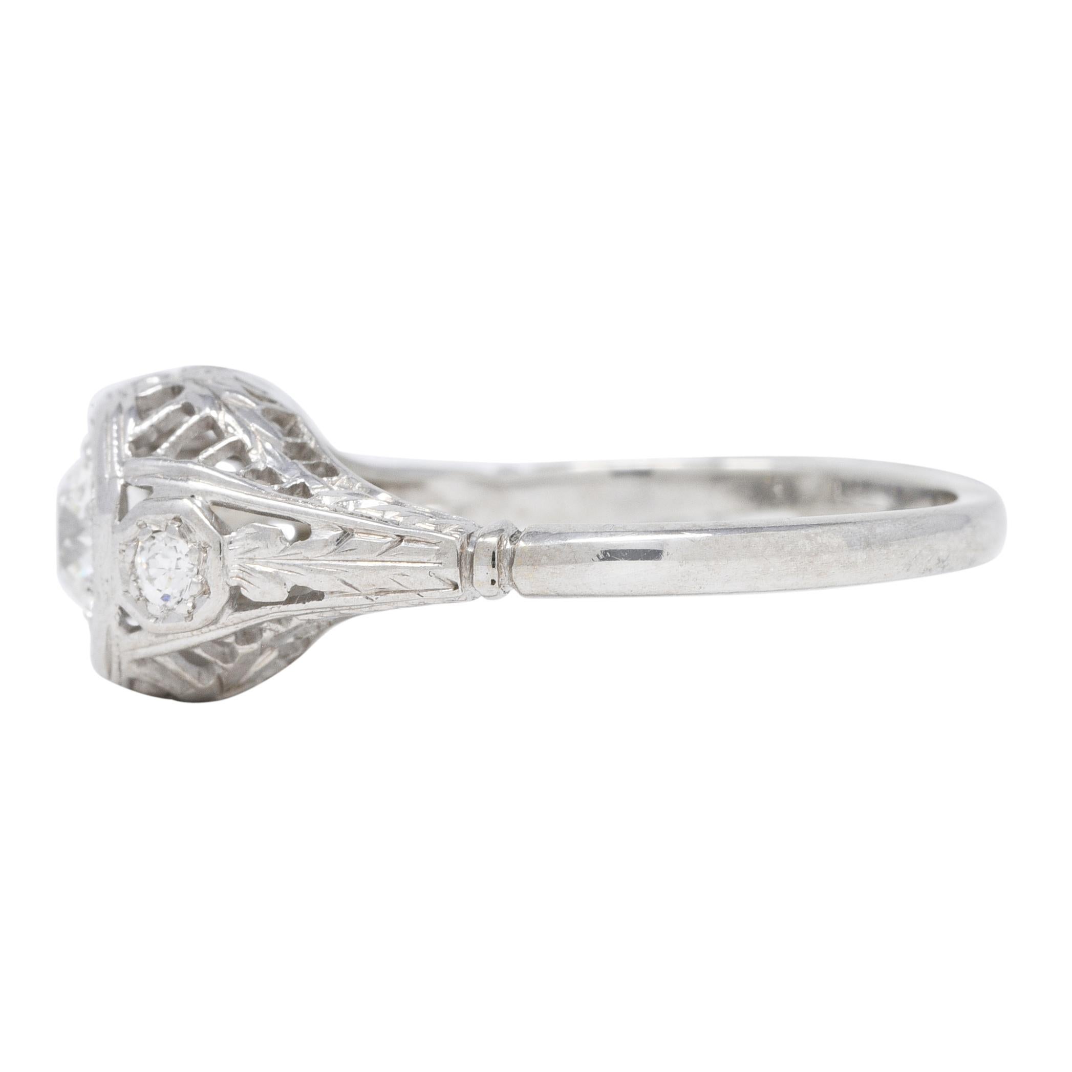 Women's or Men's Art Deco 0.58 CTW Diamond 18 Karat White Gold Orange Blossom Engagement Ring For Sale