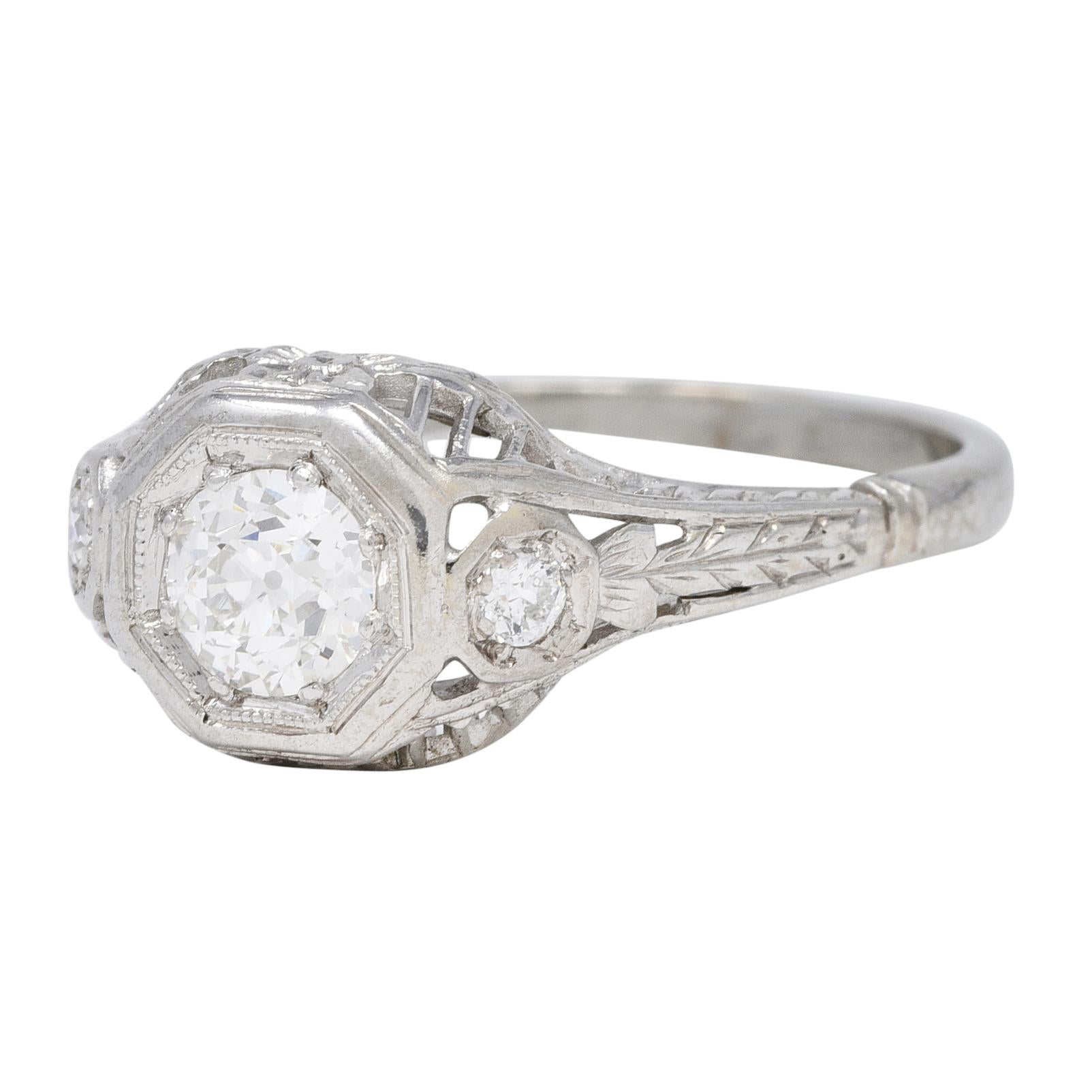 Art Deco 0.58 CTW Diamond 18 Karat White Gold Orange Blossom Engagement Ring For Sale 1
