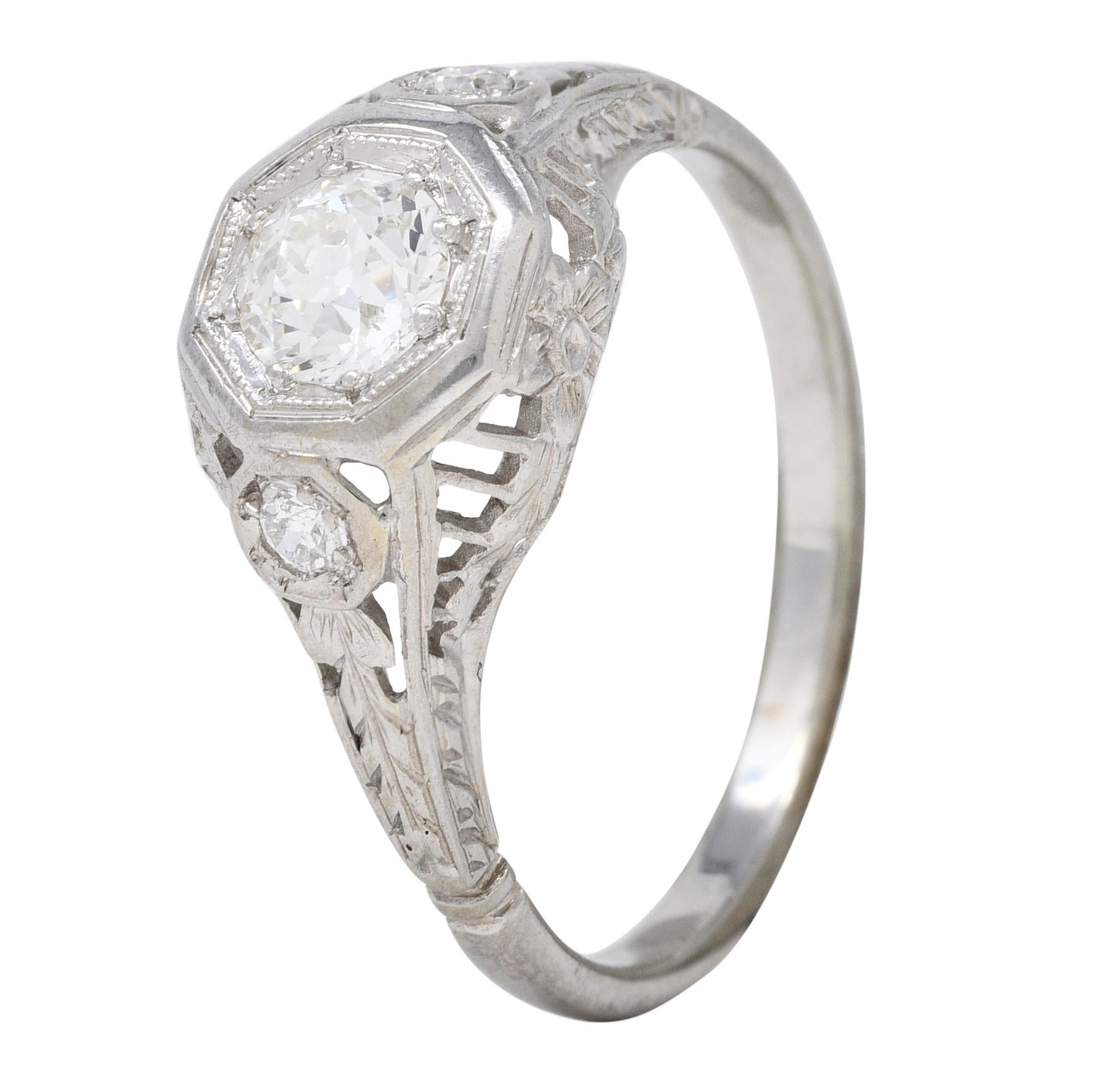 Art Deco 0.58 CTW Diamond 18 Karat White Gold Orange Blossom Engagement Ring For Sale 2
