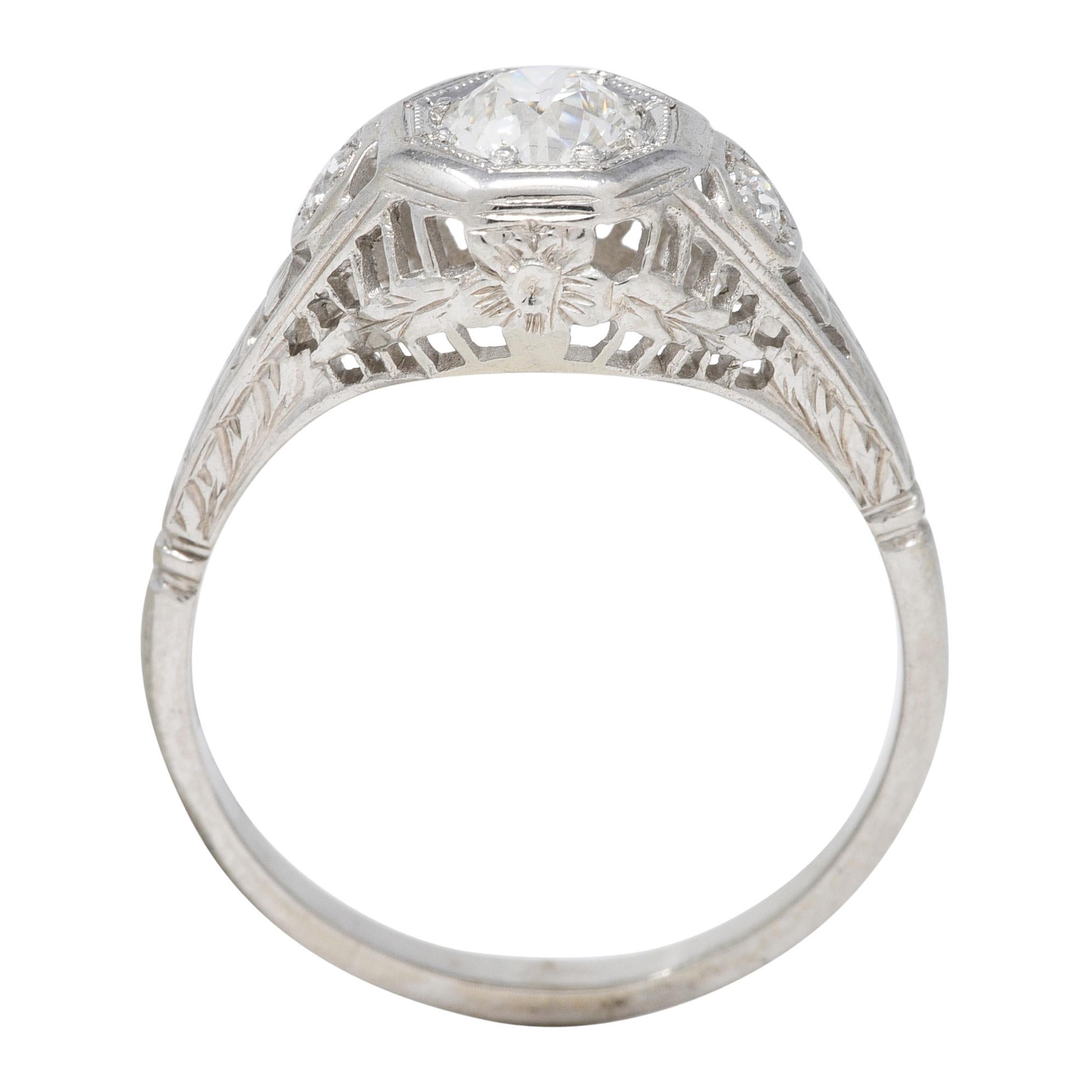 Art Deco 0.58 CTW Diamond 18 Karat White Gold Orange Blossom Engagement Ring For Sale 3
