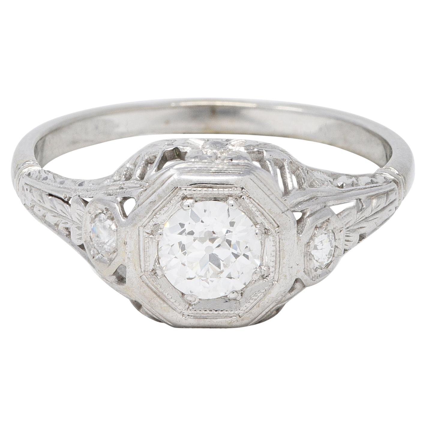 Art Deco 0.58 CTW Diamond 18 Karat White Gold Orange Blossom Engagement Ring For Sale