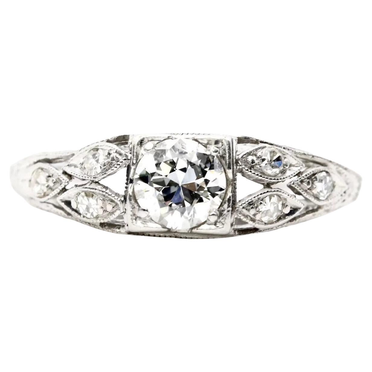 Art Deco 0.58ct European Cut Diamond Engagement Ring in Platinum For Sale
