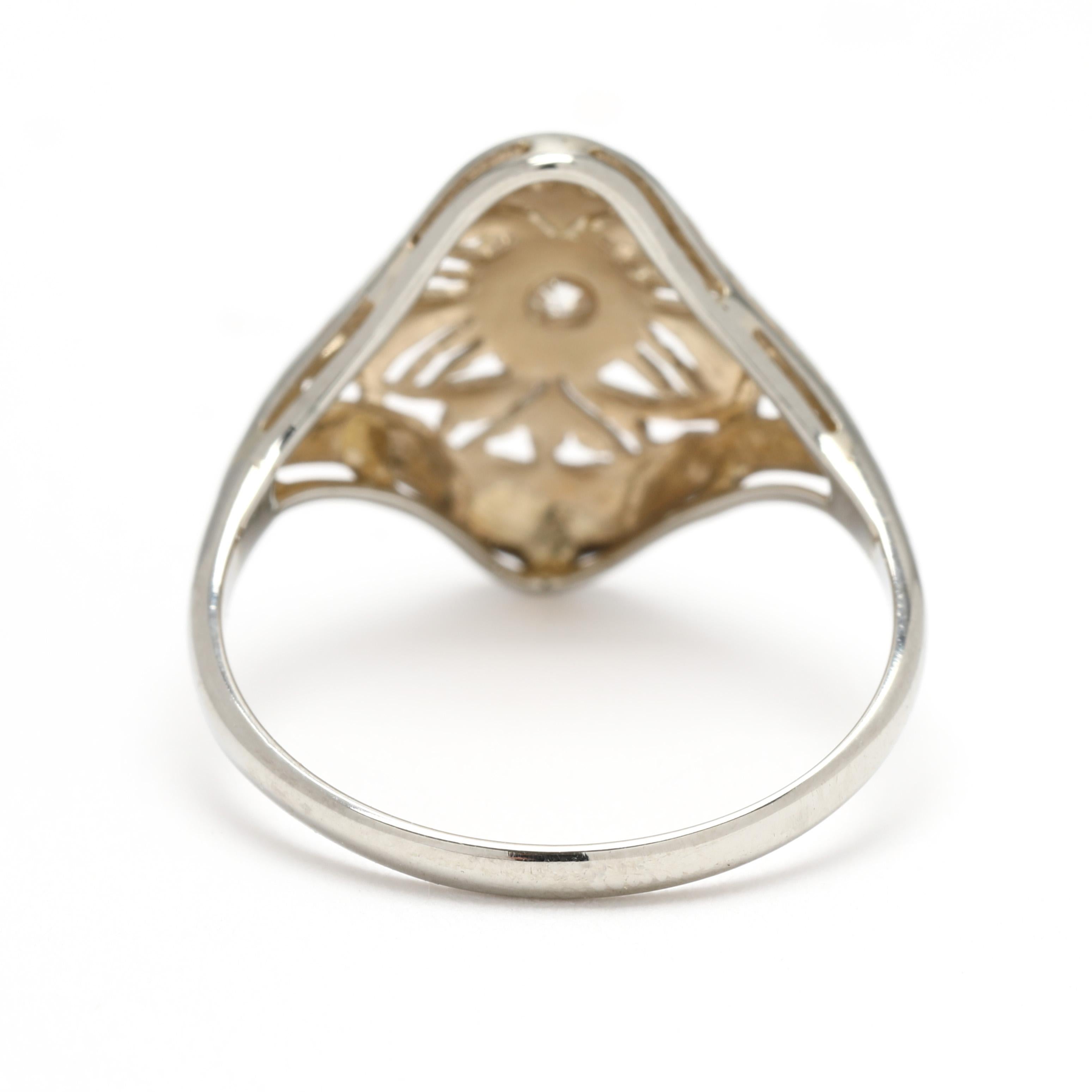 Mixed Cut Art Deco .05ct Diamond Filigree Navette Ring, 18k White Gold, Ring Size 5.75 For Sale