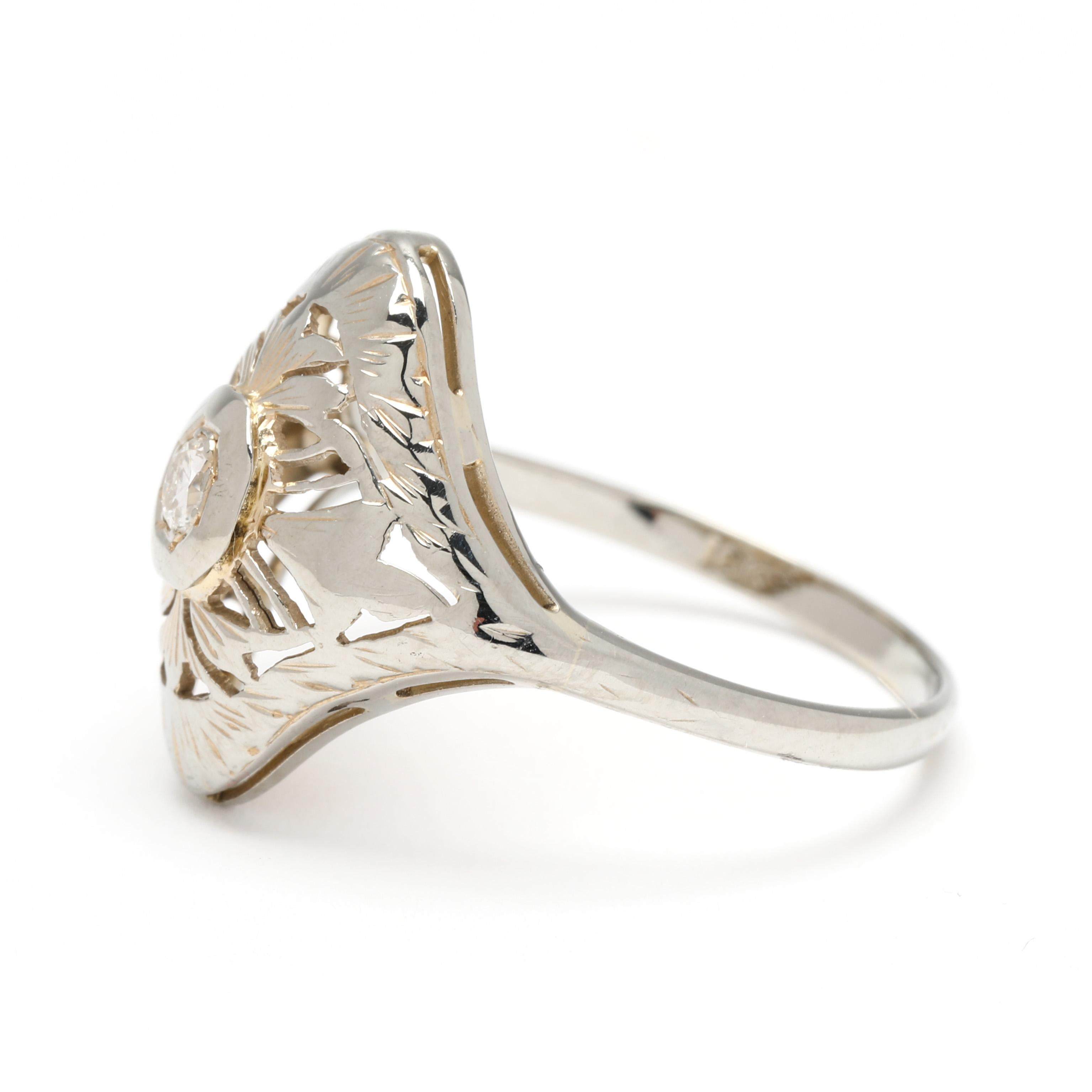 Art Deco .05ct Diamond Filigree Navette Ring, 18k White Gold, Ring Size 5.75 In Good Condition For Sale In McLeansville, NC