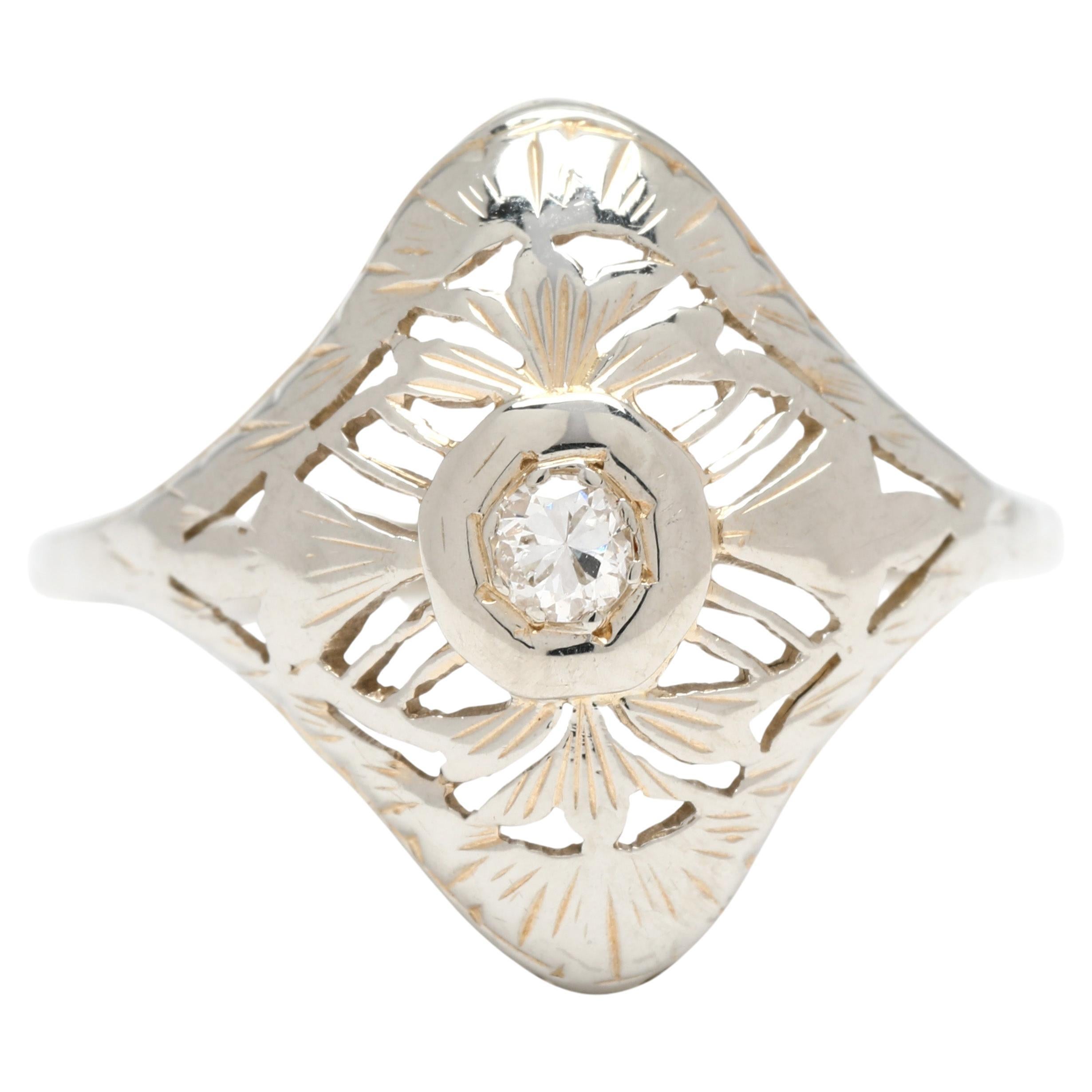 Art Deco .05ct Diamond Filigree Navette Ring, 18k White Gold, Ring Size 5.75 For Sale